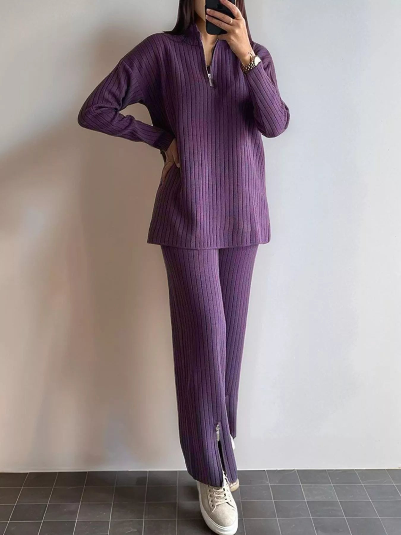 Purple ribbed knit top and matching pants set with front zipper