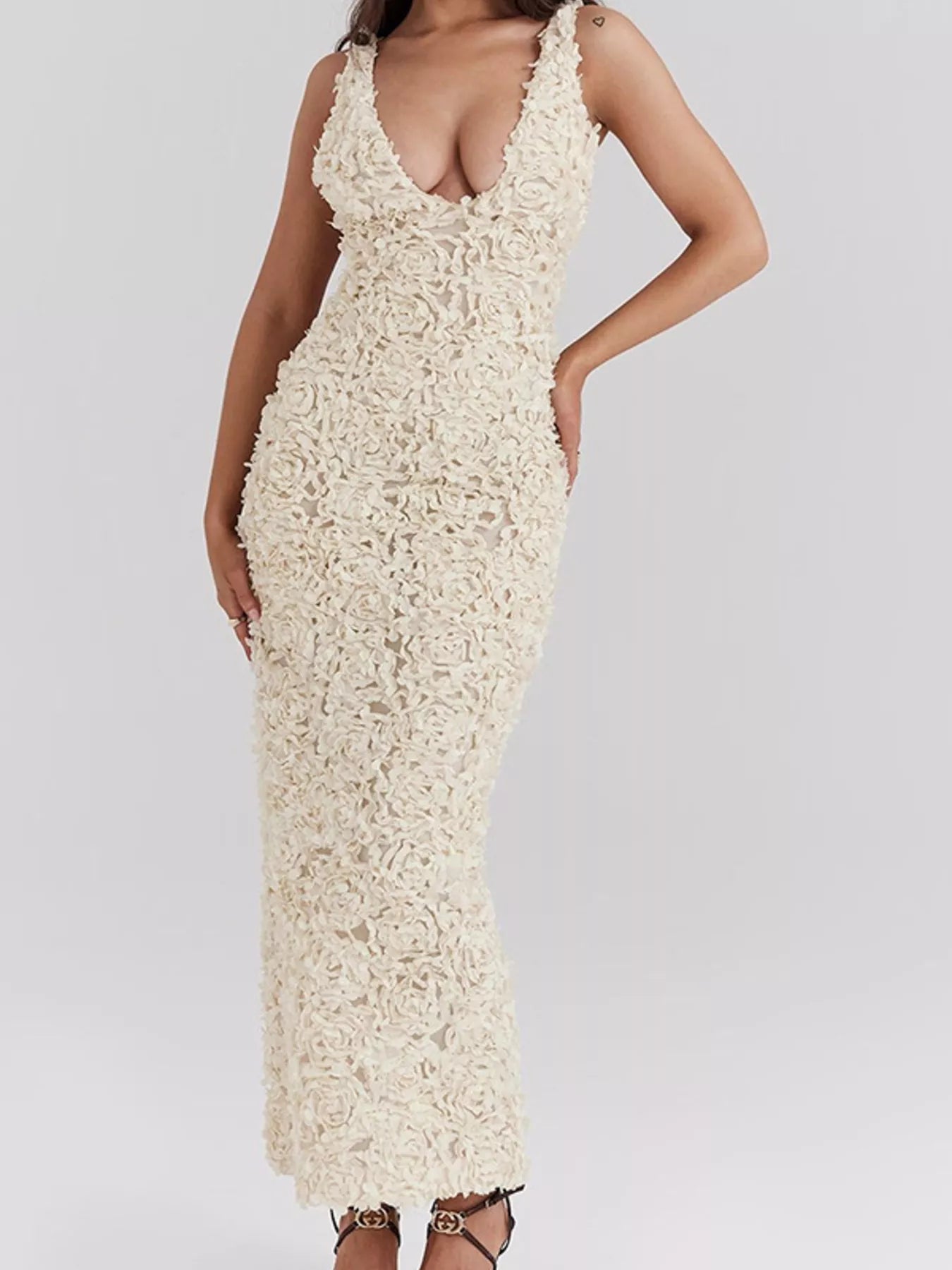 White floral applique sleeveless deep V-neck maxi dress, fitted column with lace texture