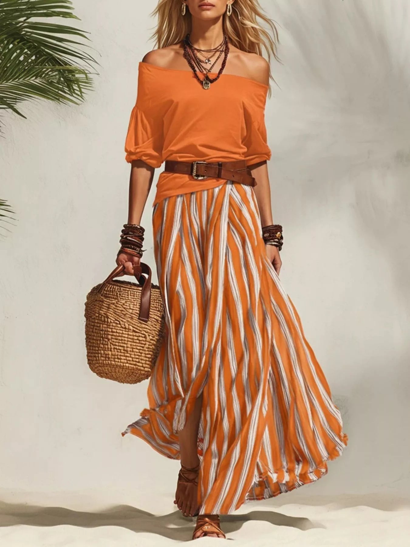 Orange off-shoulder top with orange-and-white striped maxi skirt, brown belt