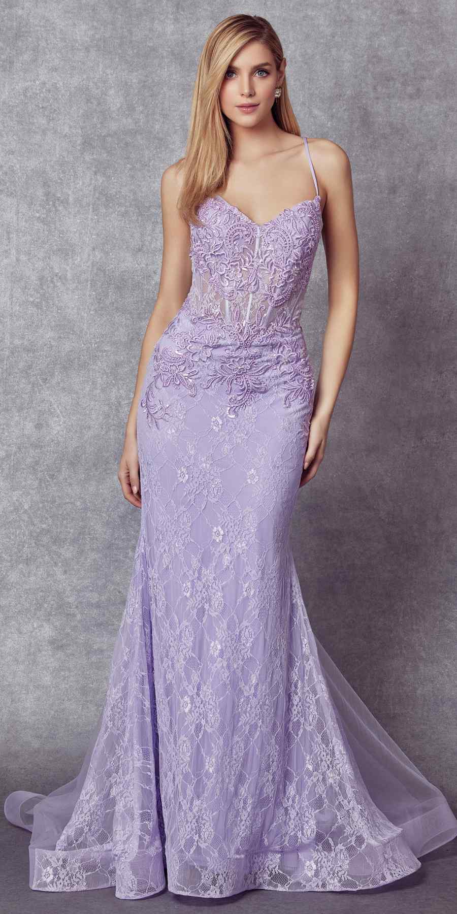 Lilac embellished lace mermaid dress with spaghetti straps and sheer tulle flare