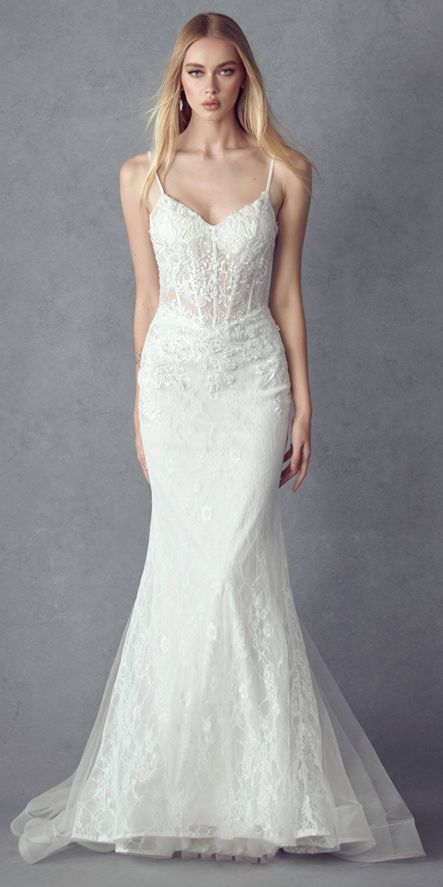 Off-white embellished lace mermaid dress with spaghetti straps, fitted bodice, scalloped hem