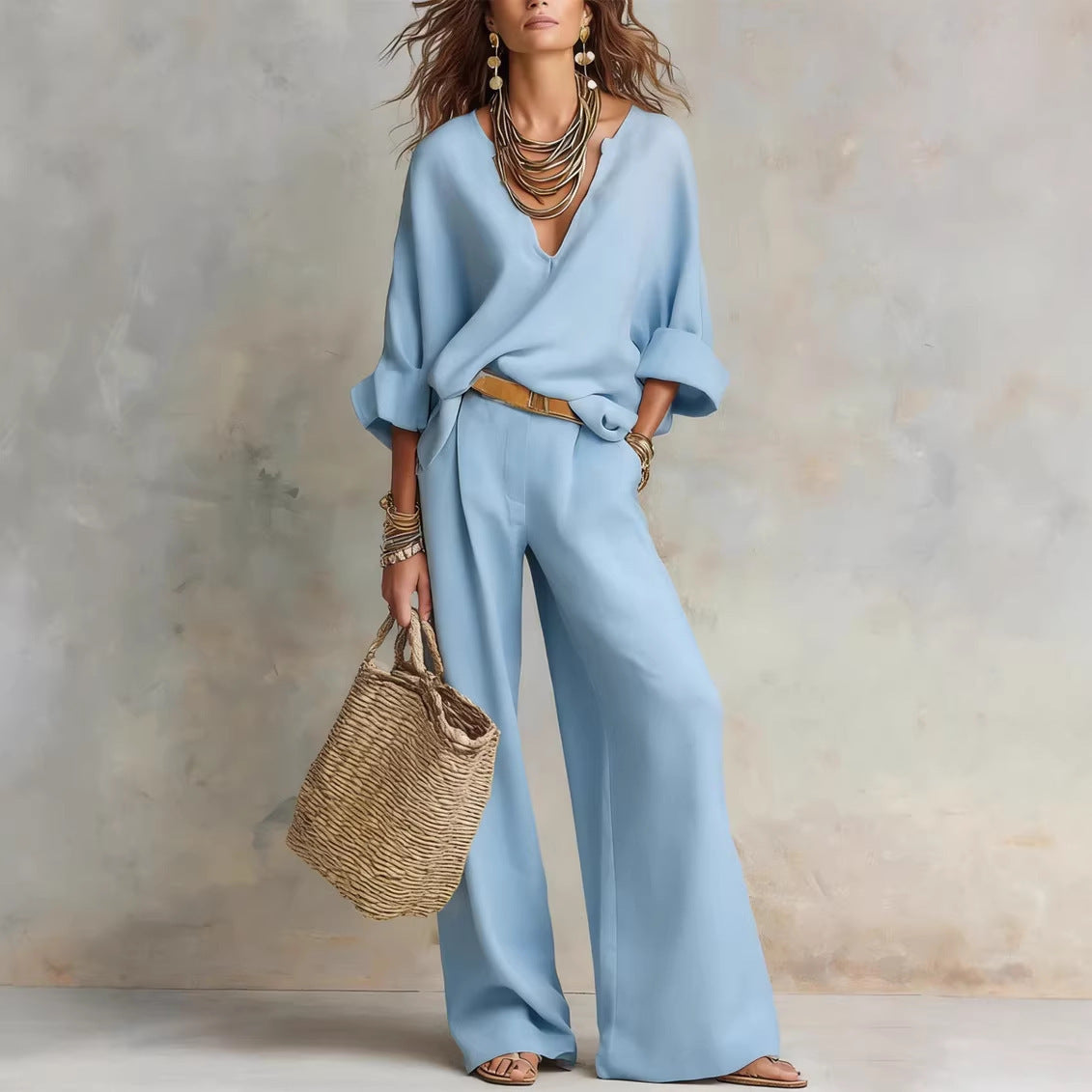 Casual Linen Vacation Set – Three-Quarter Sleeve Top & Full-Length Pants