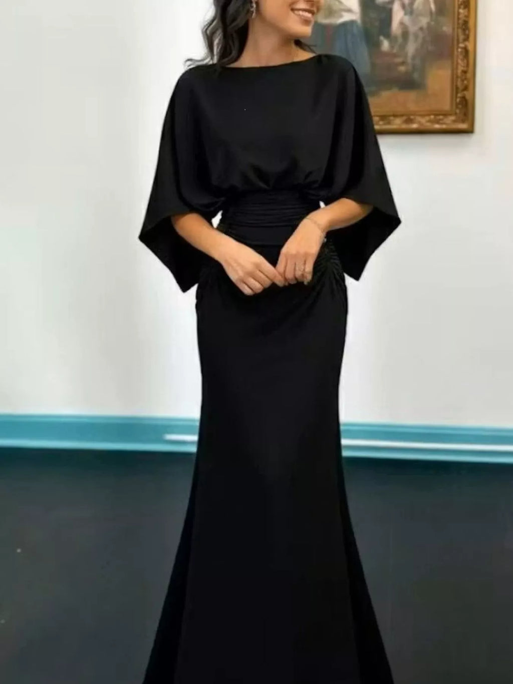 Black batwing sleeve ruched maxi dress with draped waist front