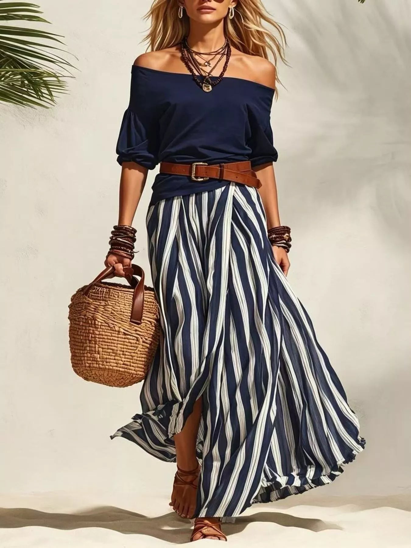 Navy off-shoulder top with navy-and-white striped maxi skirt, brown belt