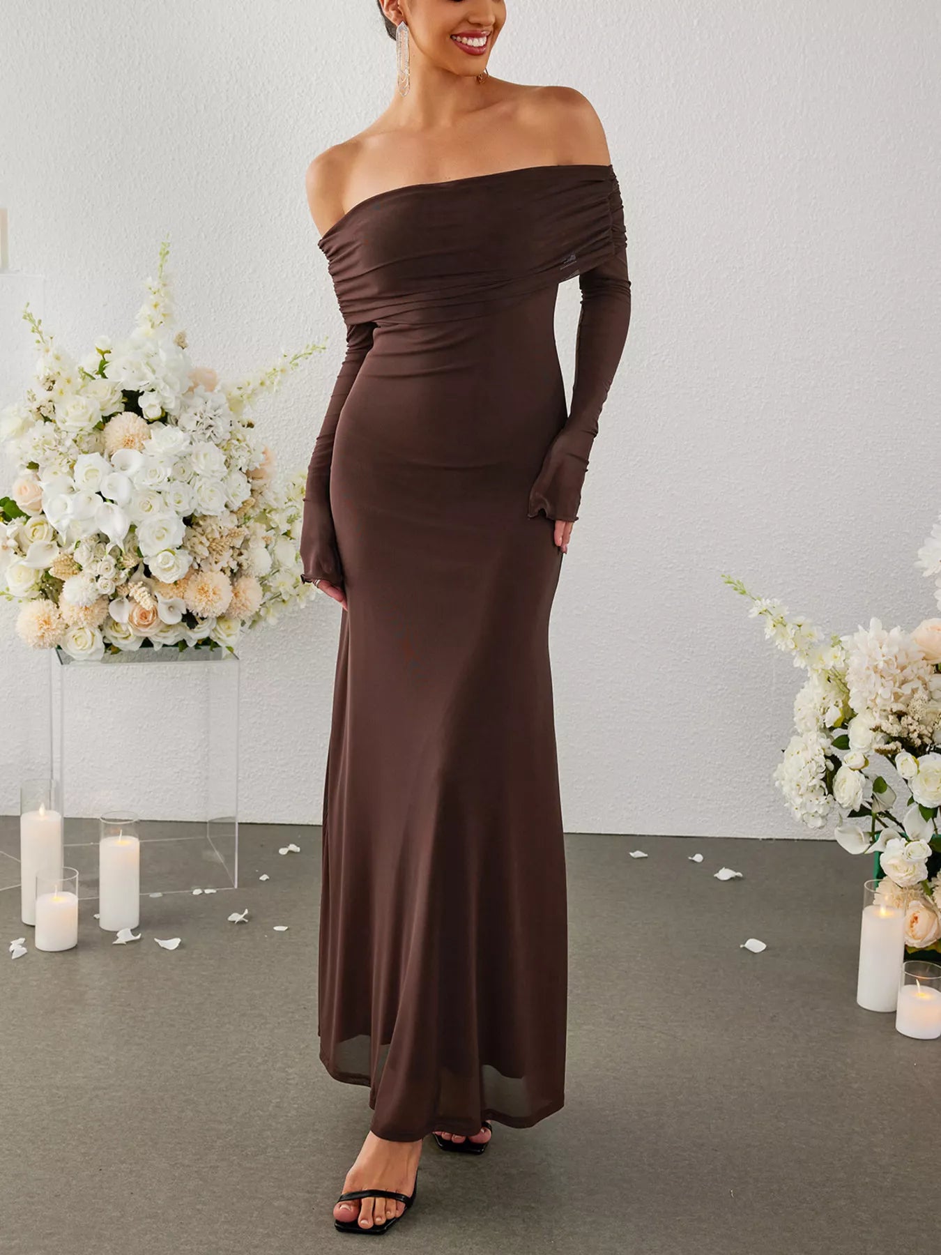 Brown off-shoulder maxi dress with ruched waist and long sleeves