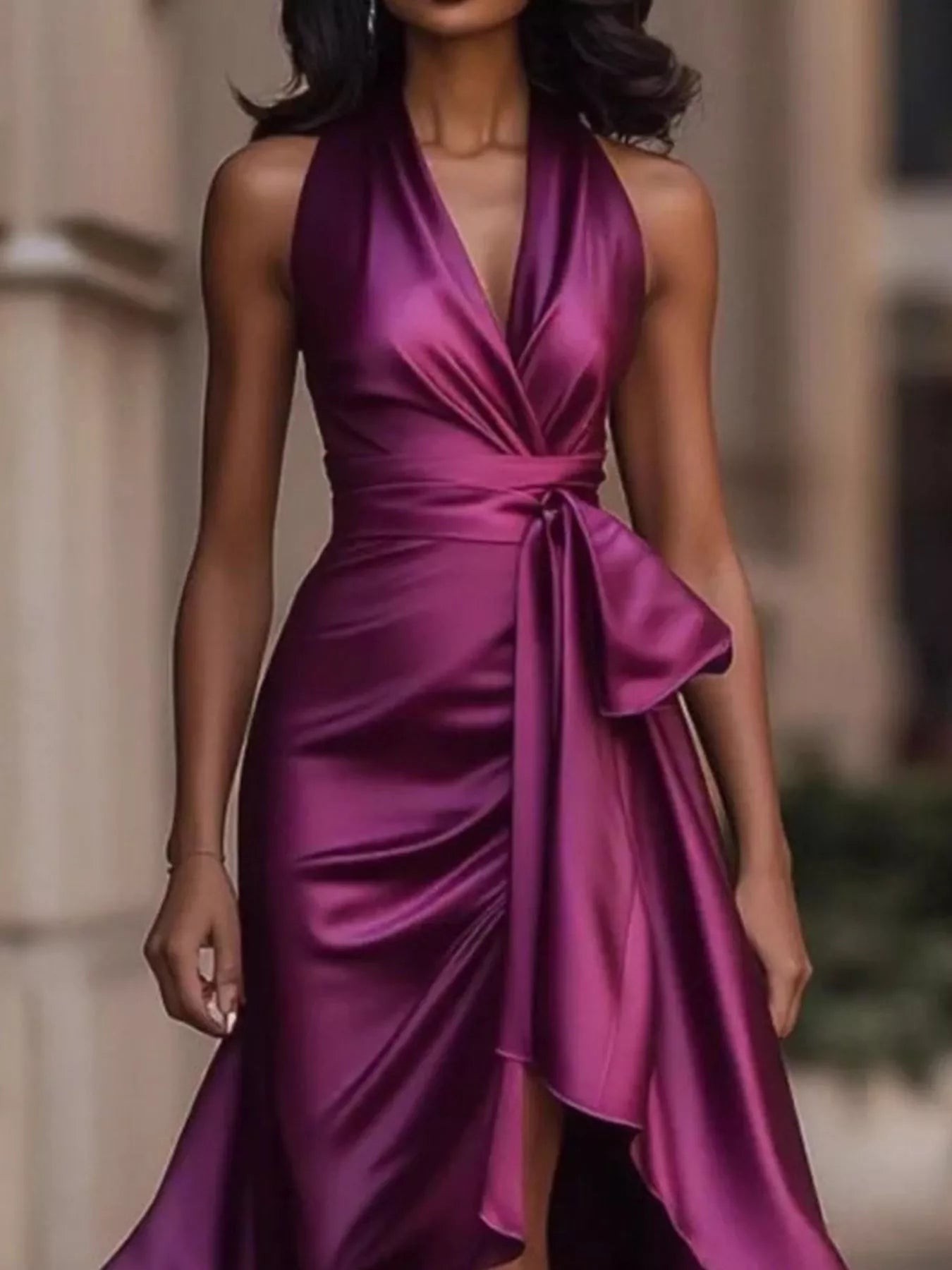 Purple satin maxi dress, sleeveless V-neck wrap with gathered sash and ruffle hem