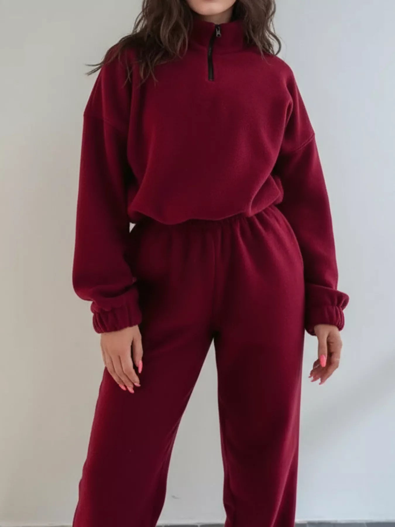 Burgundy quarter-zip sweatshirt and jogger pants set with drawstring waist