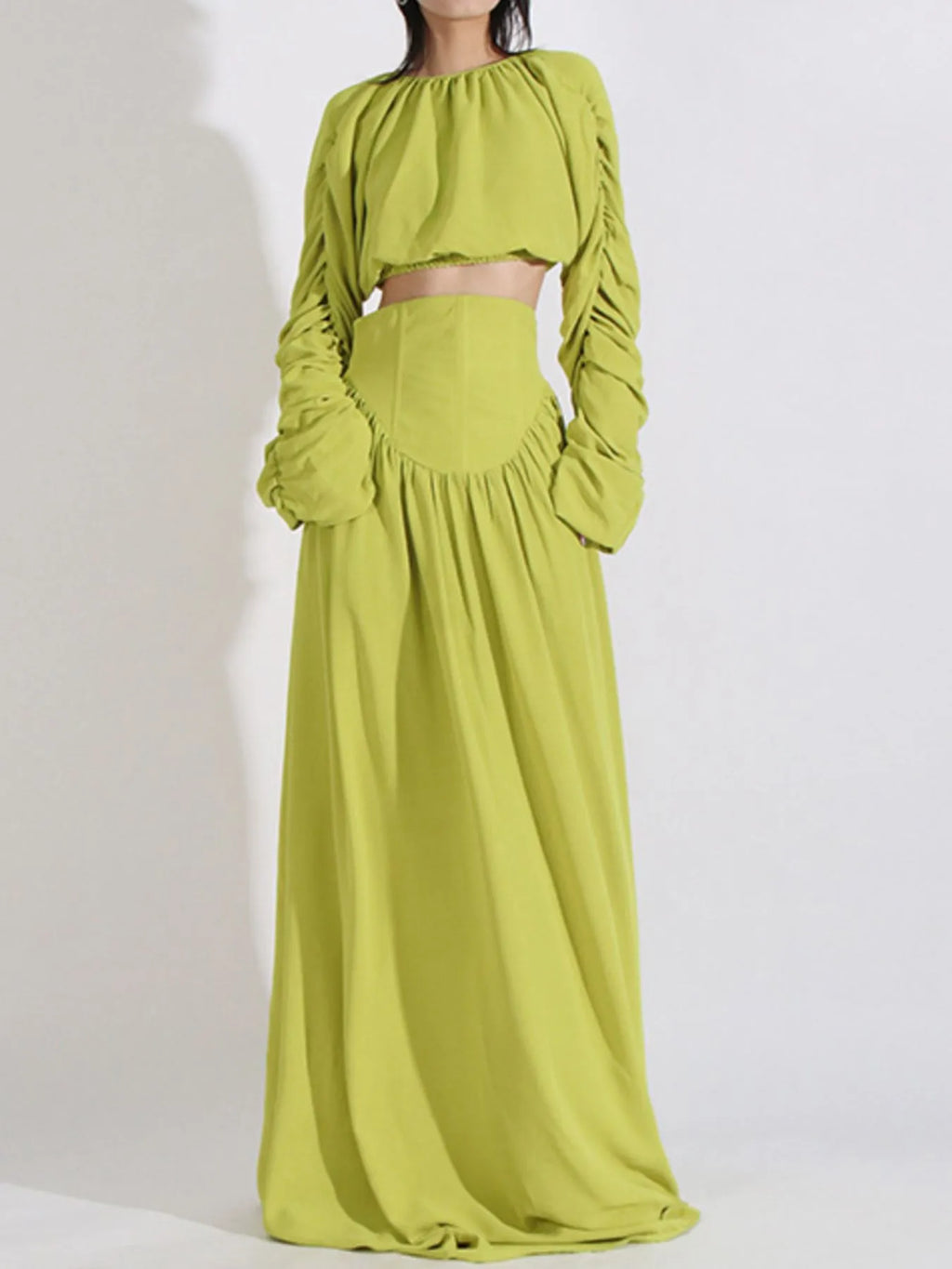 Green ruched long-sleeve crop top and high-waist floor-length maxi skirt set