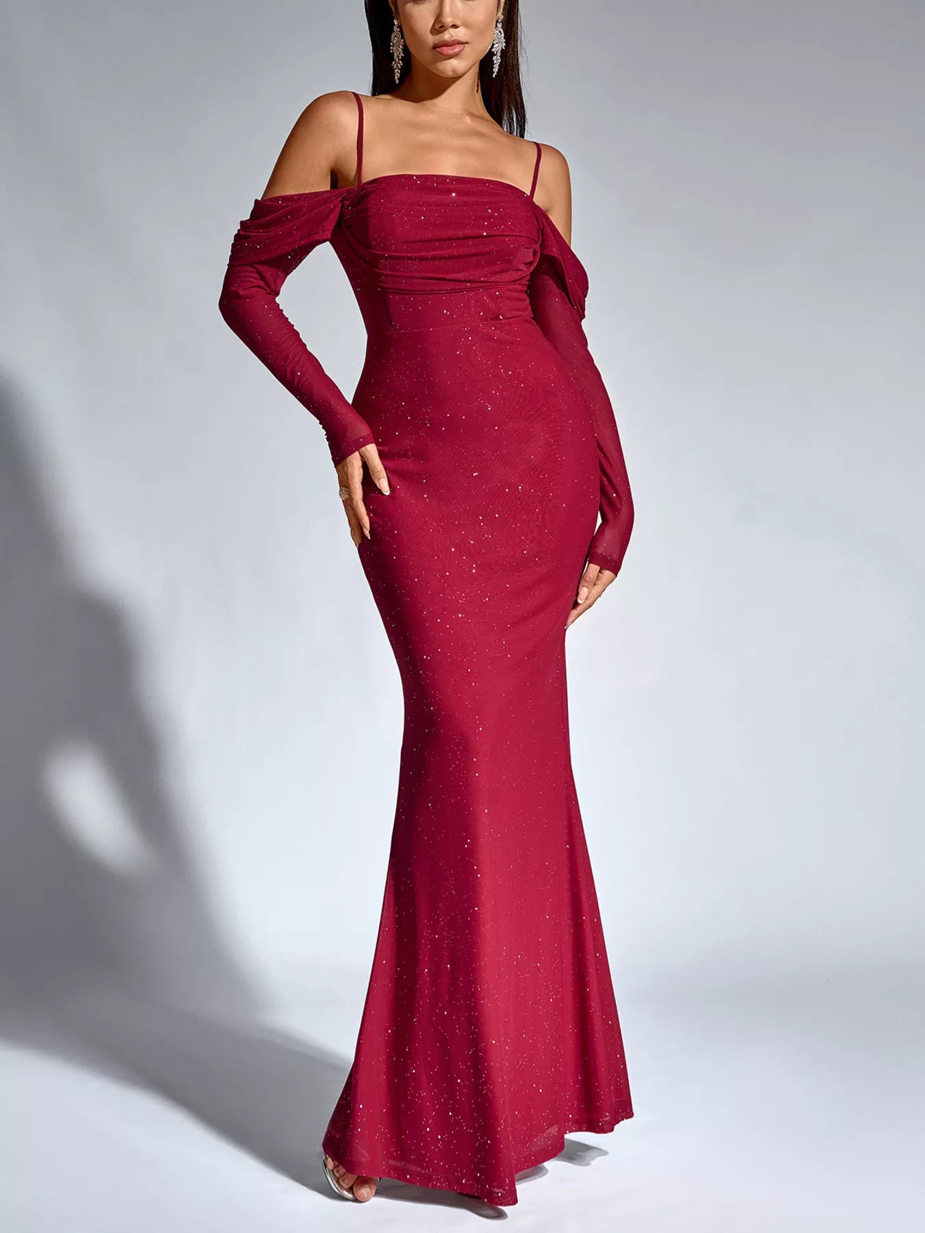 Wine red glitter mermaid maxi dress with ruched bust, off-shoulder straps, and long sleeves