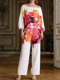 Off-shoulder floral top and white wide-leg pants set with multicolor print