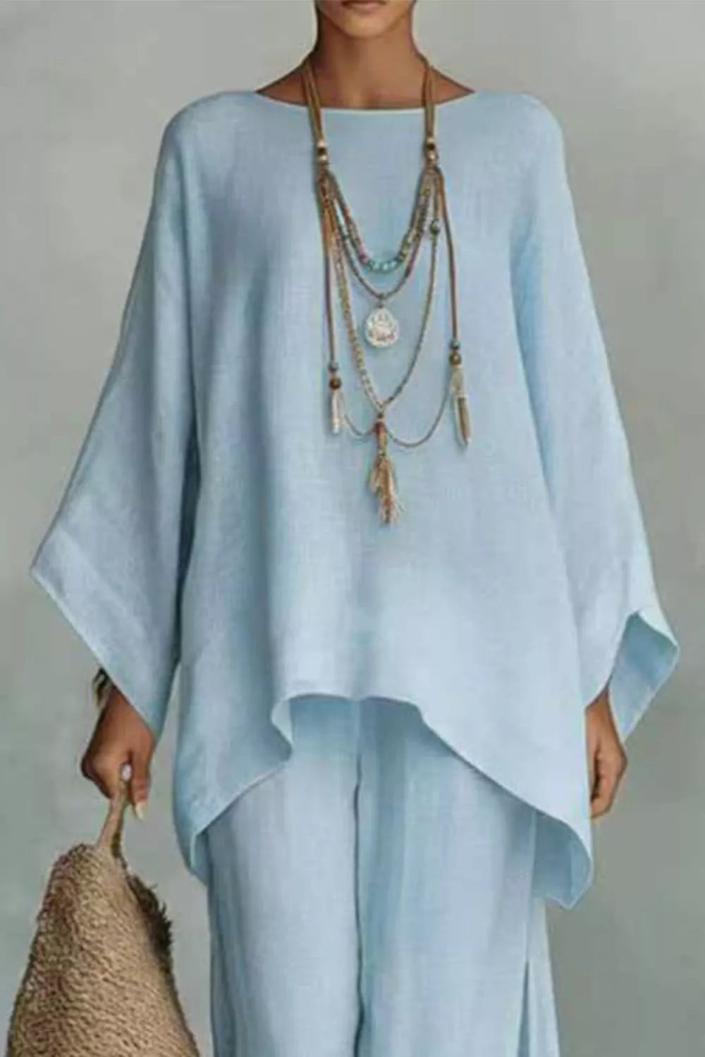 Two-piece long-sleeve top and wide-leg pants set, light blue tunic top over wide-leg pants