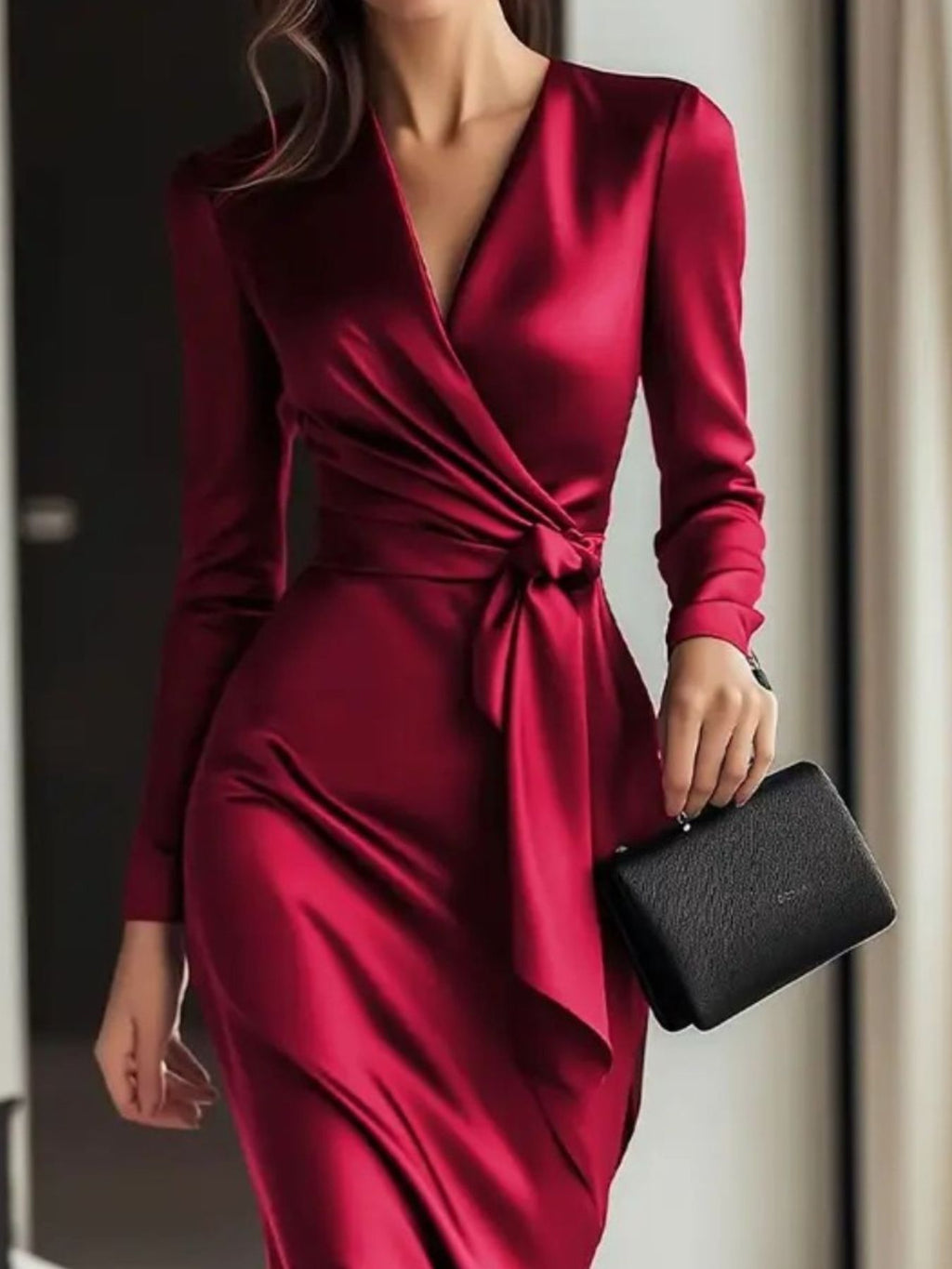 Burgundy satin V-neck long-sleeve wrap dress with gathered tie waist detail