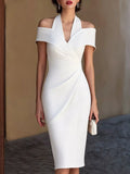 White cold-shoulder halter neck midi dress with wrap-style bodice and fitted skirt