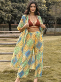 Printed half-sleeve top and wide-leg pants set, multicolor geometric pattern