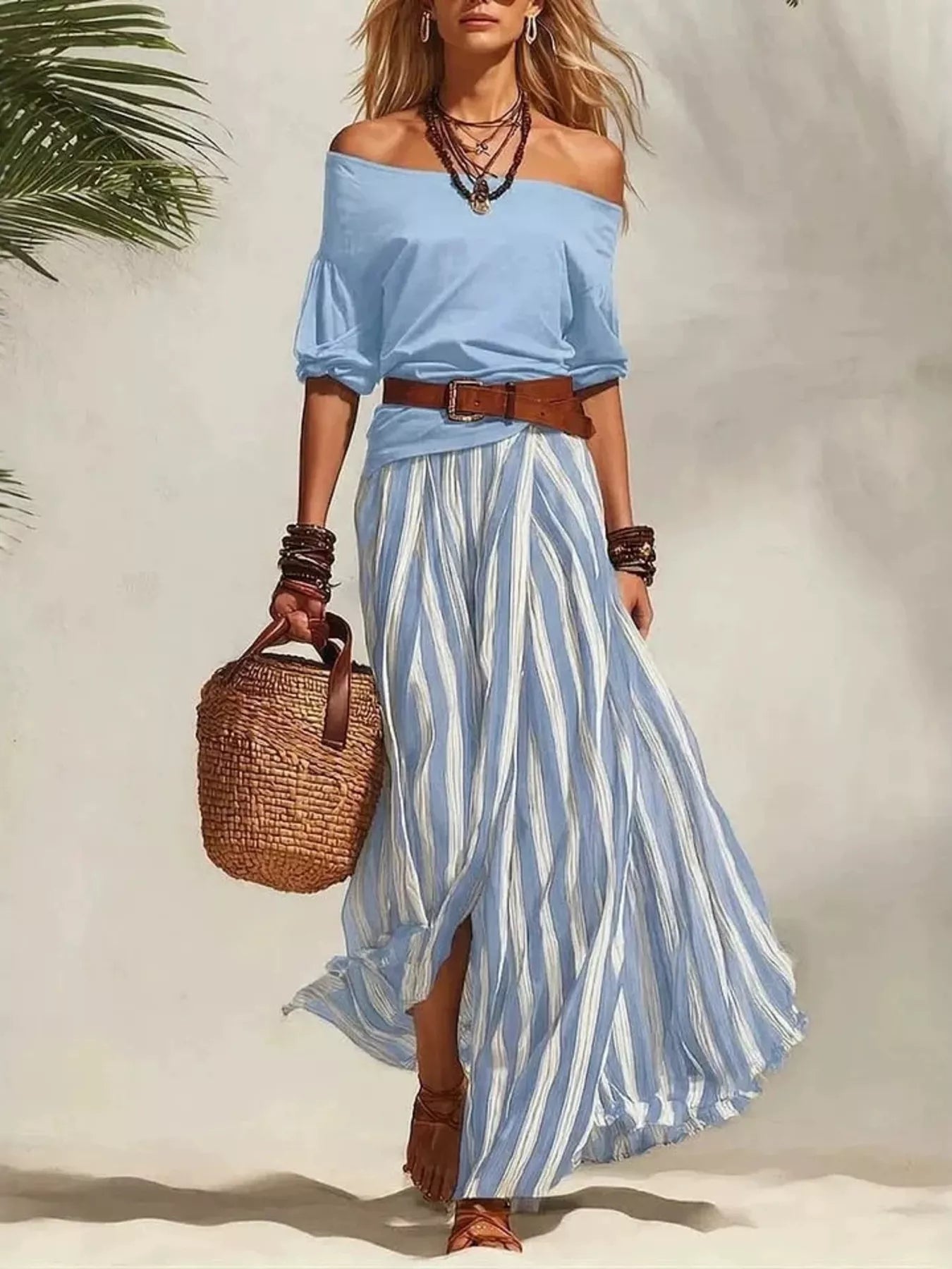 Off-shoulder top and striped maxi skirt set, sky blue with white stripes