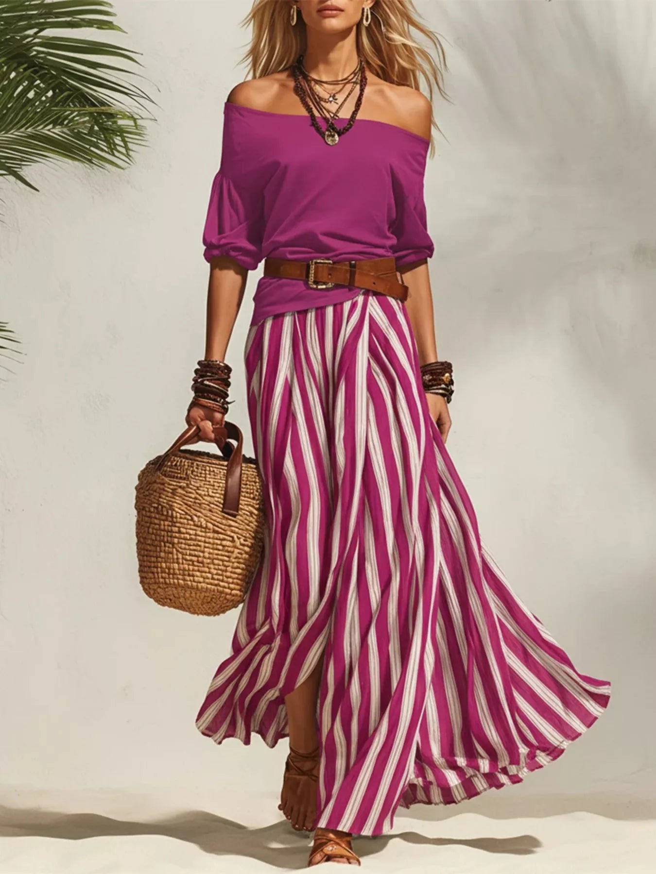 Purple off-shoulder top with purple-and-white striped maxi skirt, brown belt