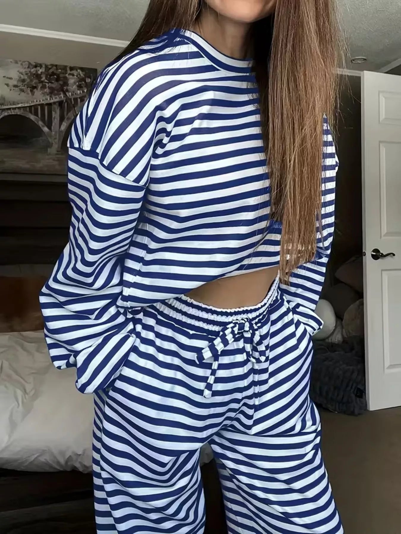 Royal blue-and-white striped long-sleeve top and matching wide-leg pants set, elastic waist