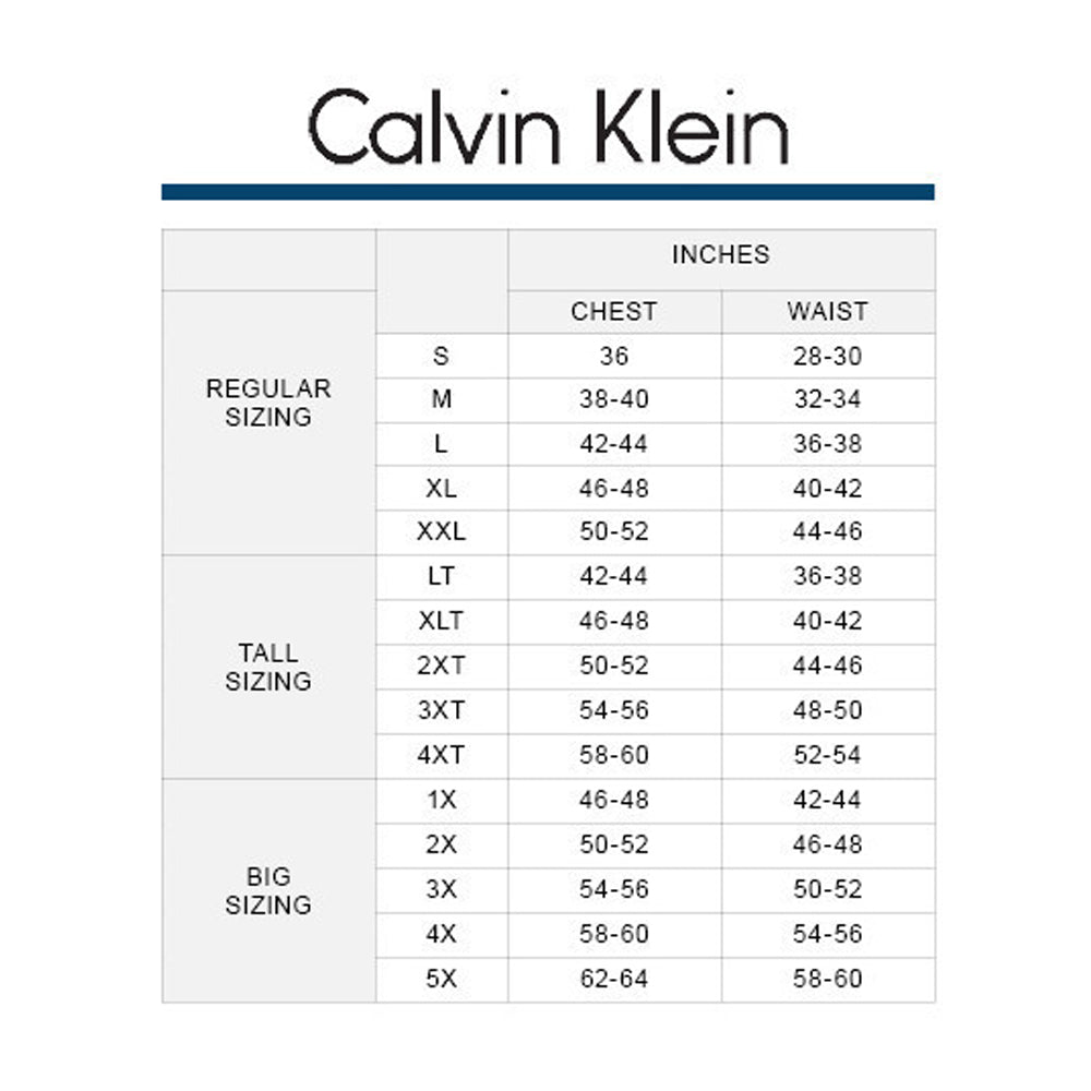 Calvin Klein suit size chart showing inches chest and waist measurements