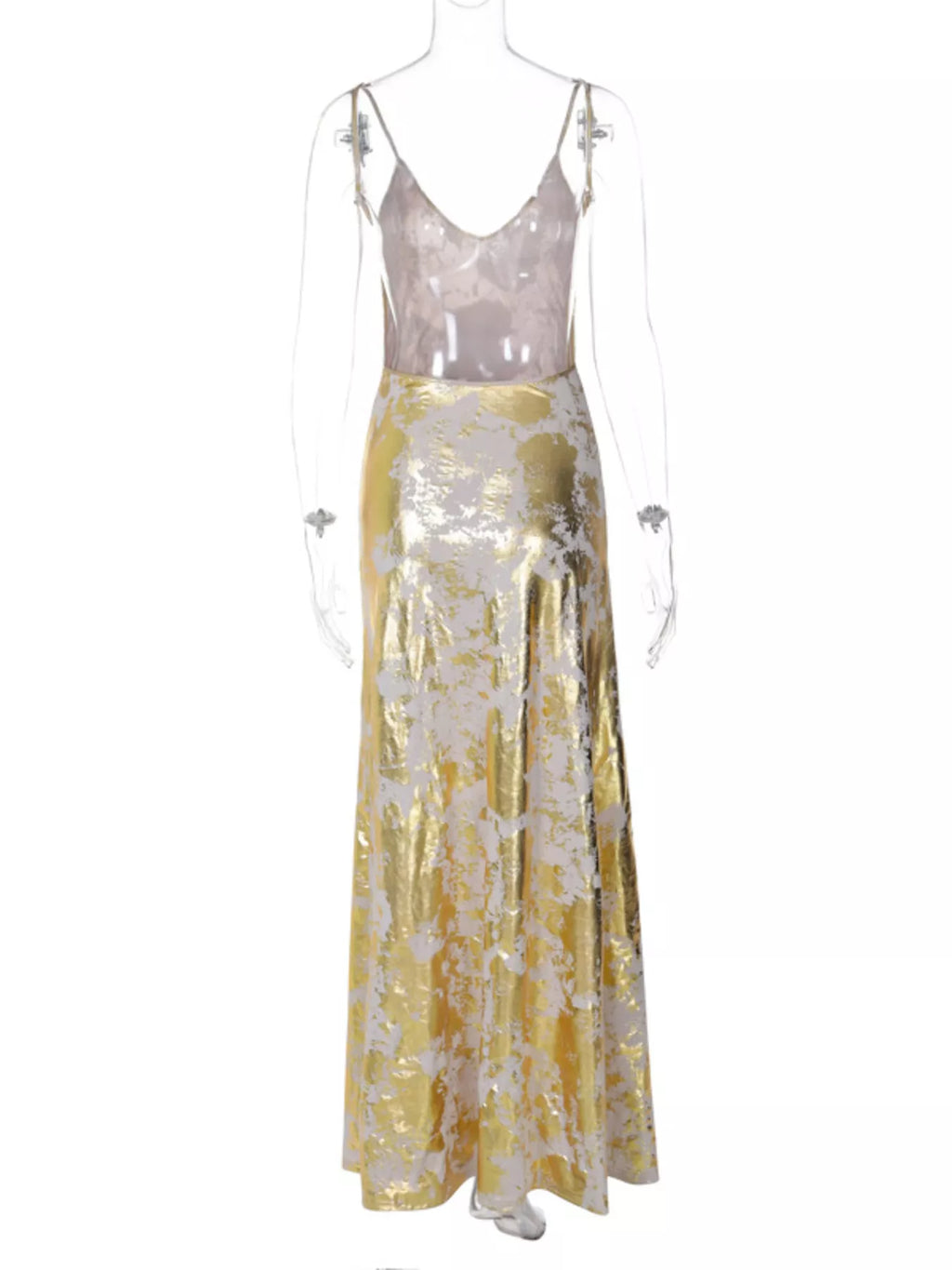 Gold backless V-neck maxi dress on mannequin: draped skirt with gold shimmer pattern
