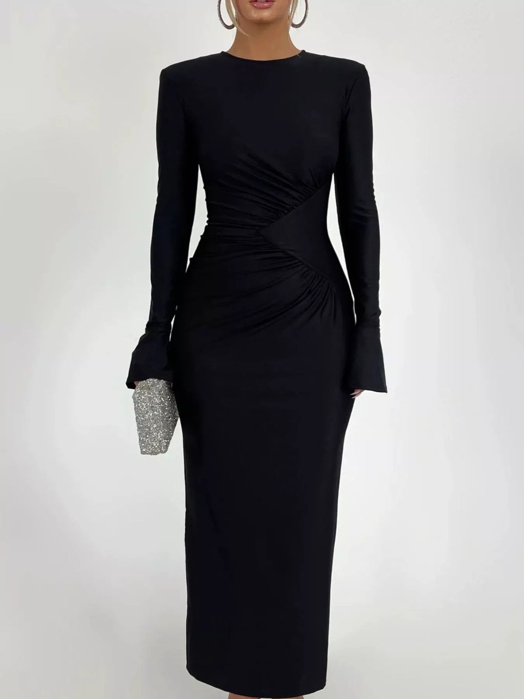 Black ruched long-sleeve bodycon maxi dress with flared cuffs and diagonal ruching
