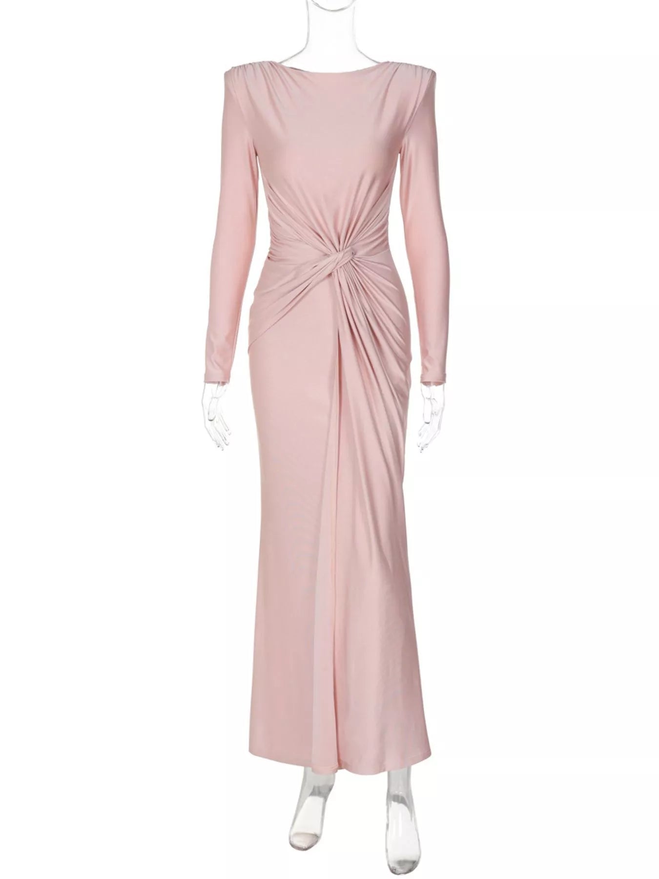 Light pink twisted long sleeve maxi dress with gathered knot at back waist