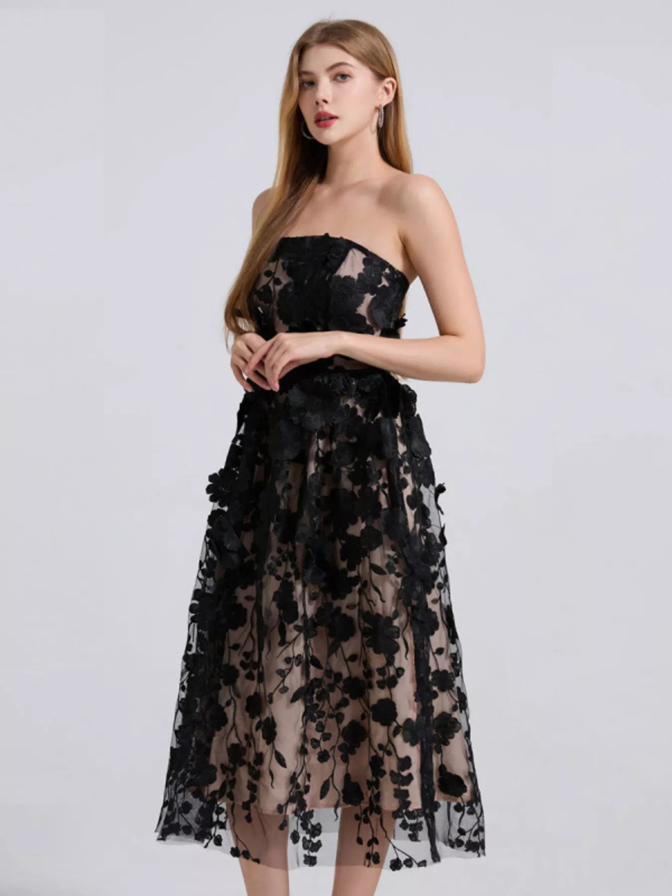 Black strapless floral applique midi dress with fitted bodice and full tulle skirt