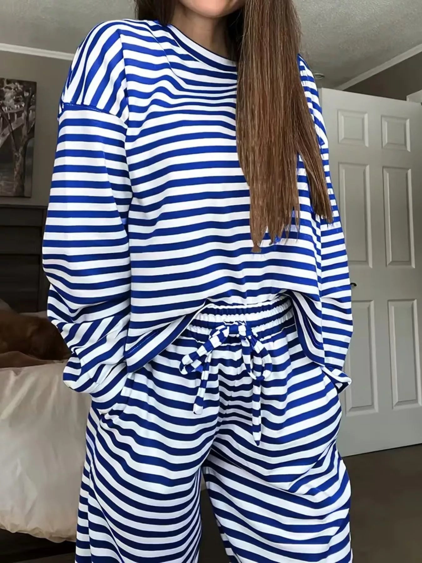 Royal blue-and-white striped round-neck long-sleeve top with matching gathered-waist pants