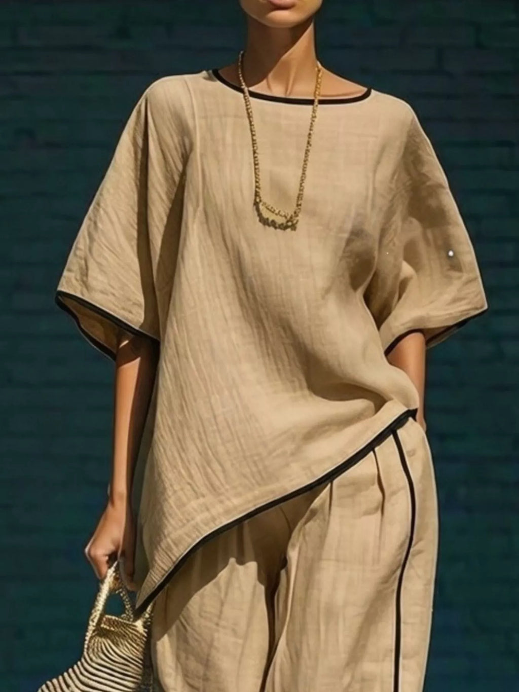 Beige/khaki round-neck top and wide-leg pants set with black-trim diagonal detail