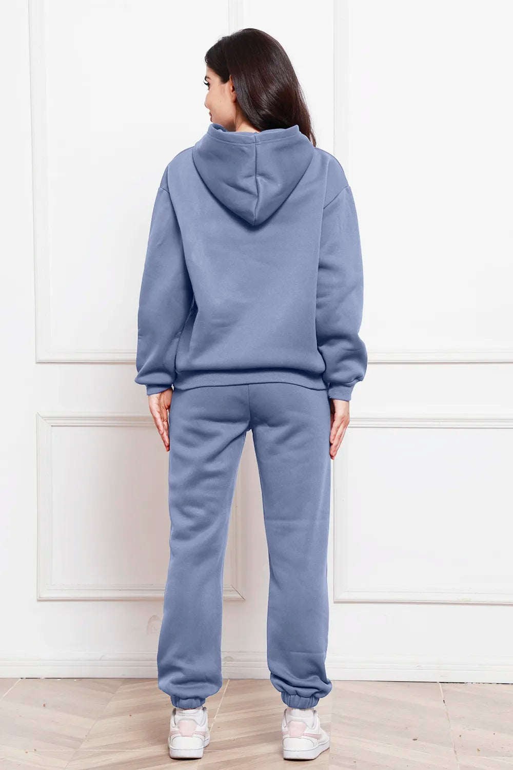 Light blue back-view drop-shoulder pullover hoodie and jogger pants set with drawstring hood