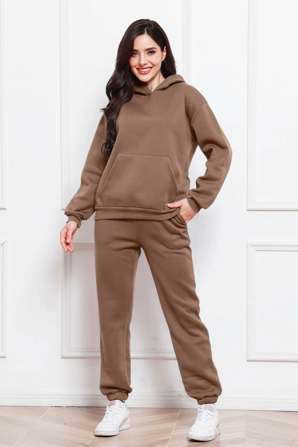 Mocha drop-shoulder long-sleeve hoodie and jogger pants set, front view