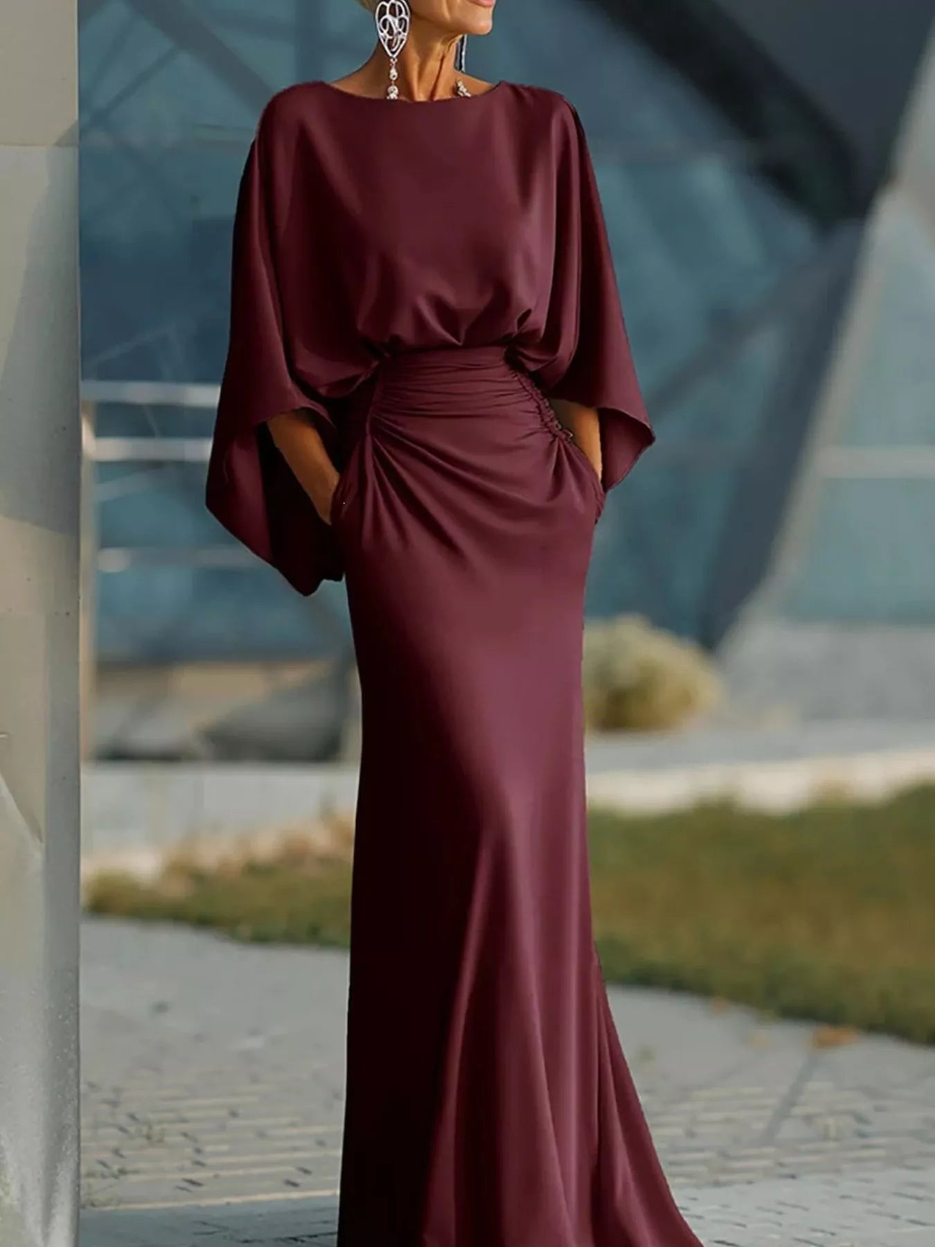 Burgundy batwing sleeve ruched maxi dress, draped waist and side detail