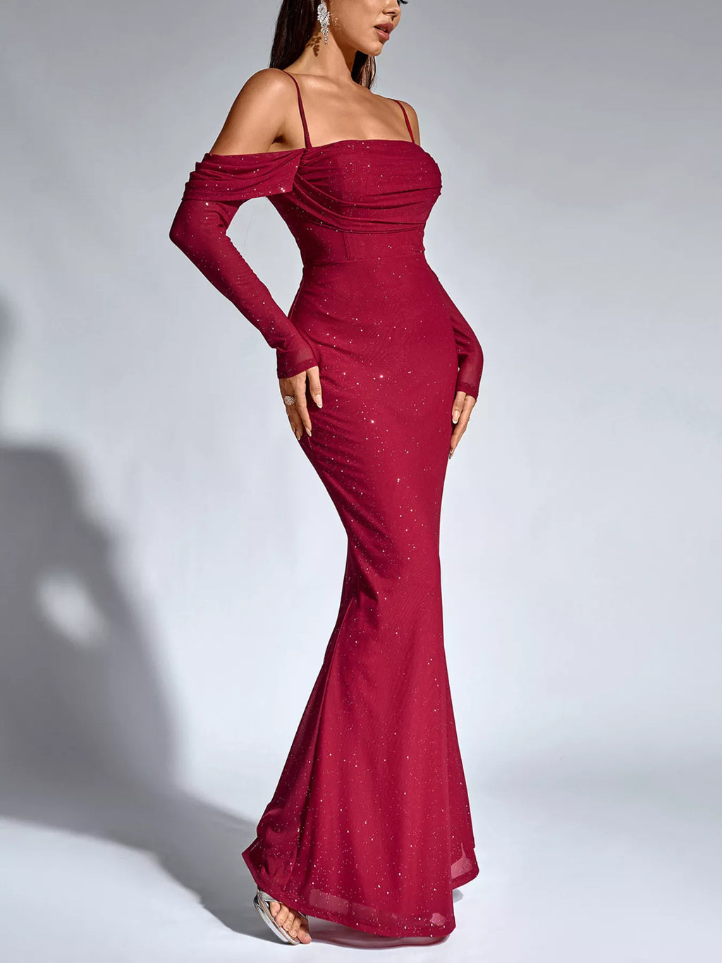 Wine red glitter mermaid maxi dress with ruched waist and off-shoulder long sleeves