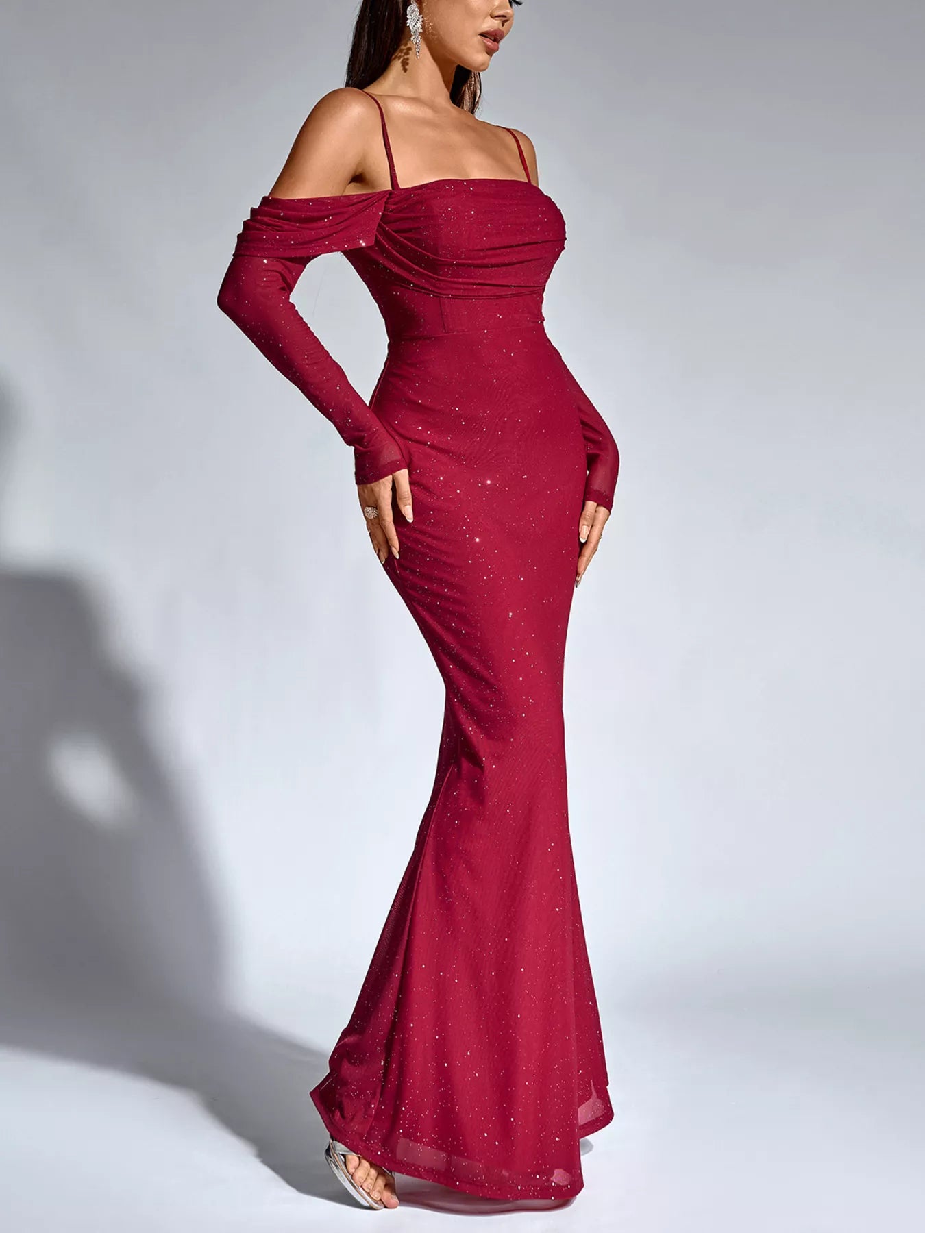 Wine red glitter mermaid maxi dress with ruched waist and off-shoulder long sleeves