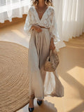 Cream lace long-sleeve top and flowy light beige maxi skirt set