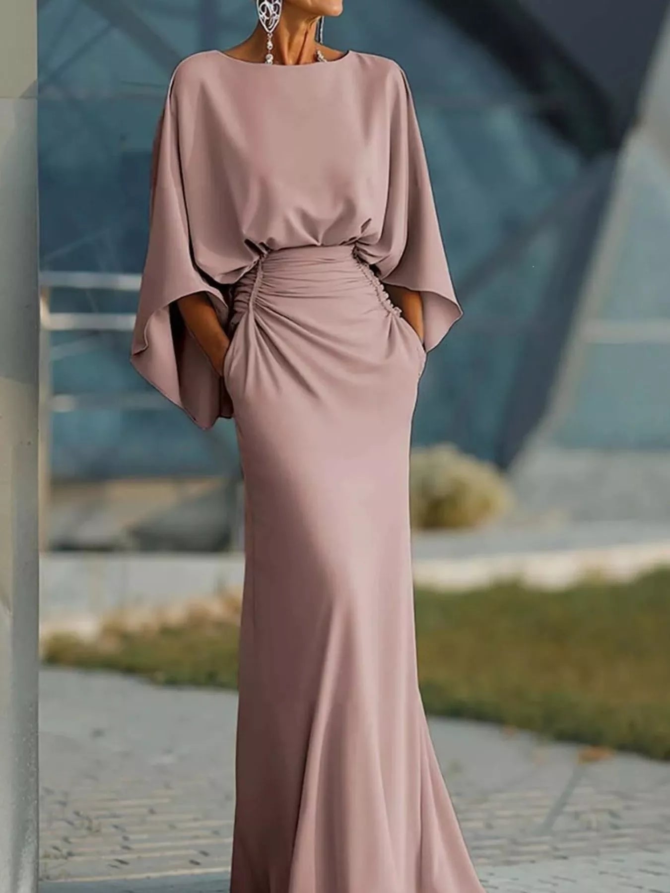 Mauve satin maxi dress with batwing sleeves and gathered ruched waist detail