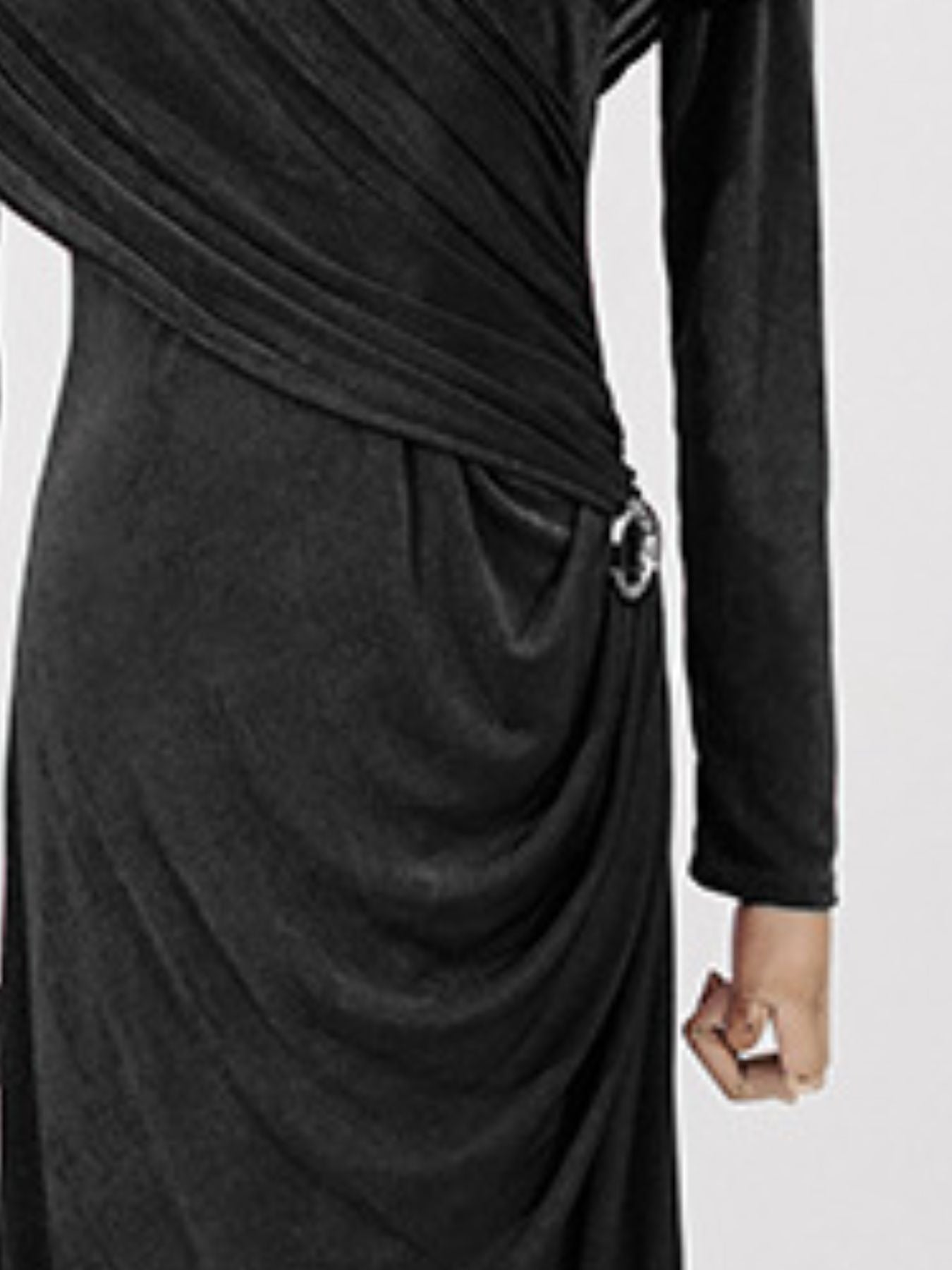 Black ruched draped maxi skirt with wrap crossover and side tie with ring detail.