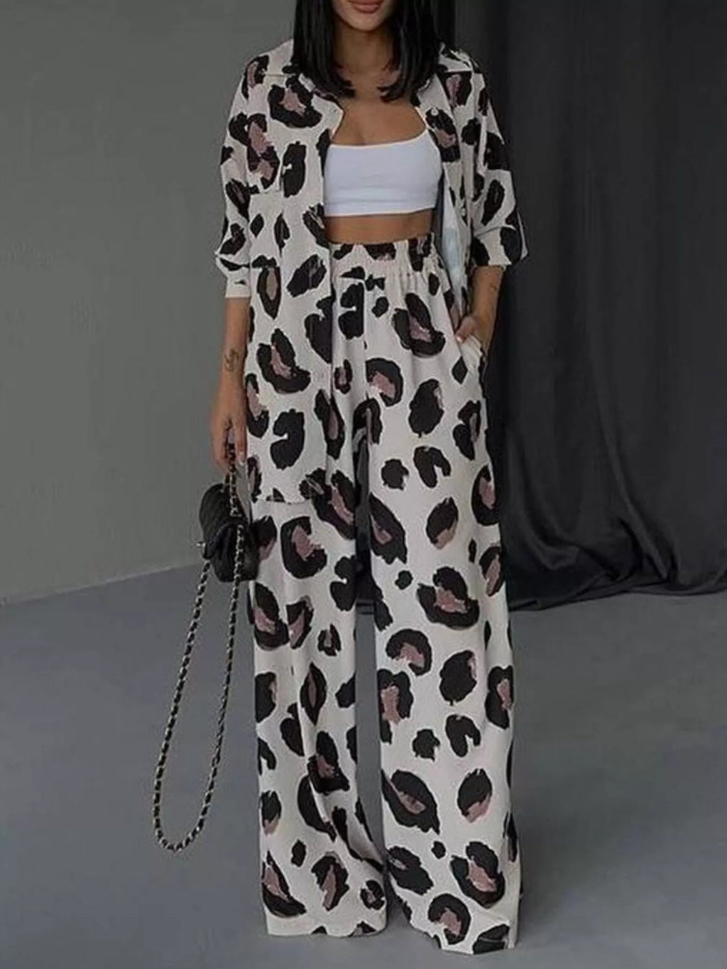 Leopard print two-piece set with open long shirt and high-waist wide-leg pants