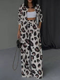 Leopard print two-piece set with open long shirt and high-waist wide-leg pants