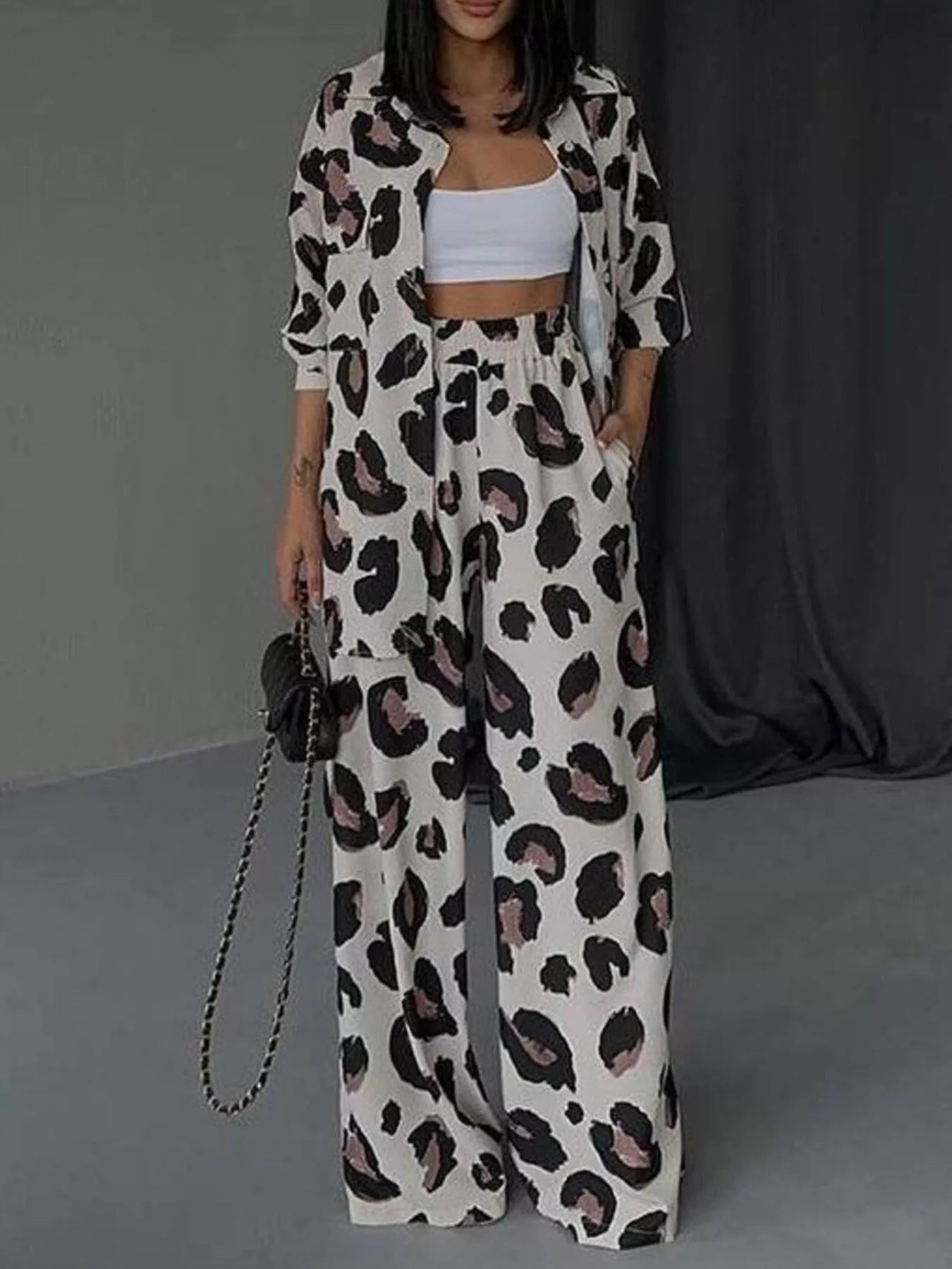 Leopard print two-piece set with open long shirt and high-waist wide-leg pants