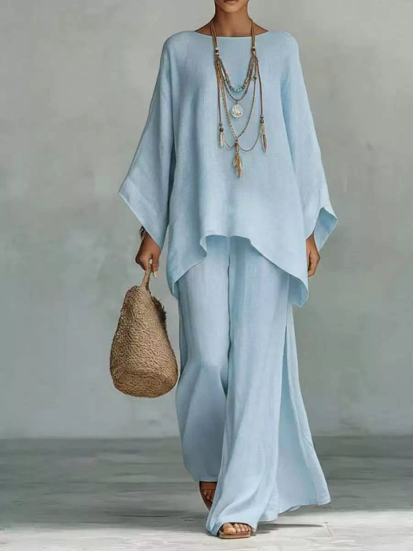 Two-piece long-sleeve top and wide-leg pants set, light blue draped tunic and wide-leg trousers