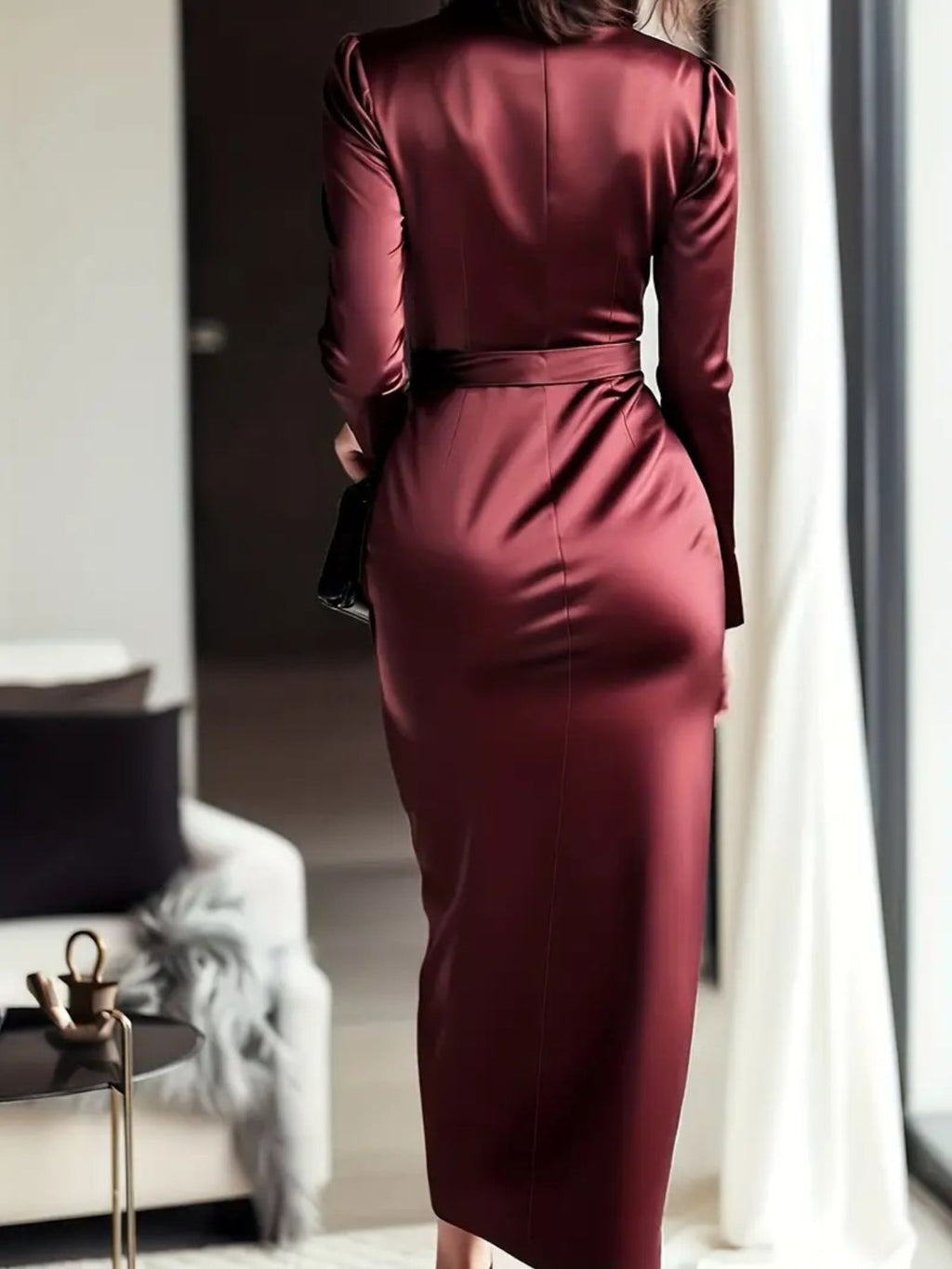 Burgundy satin long-sleeve wrap dress, back view with tie waist detail