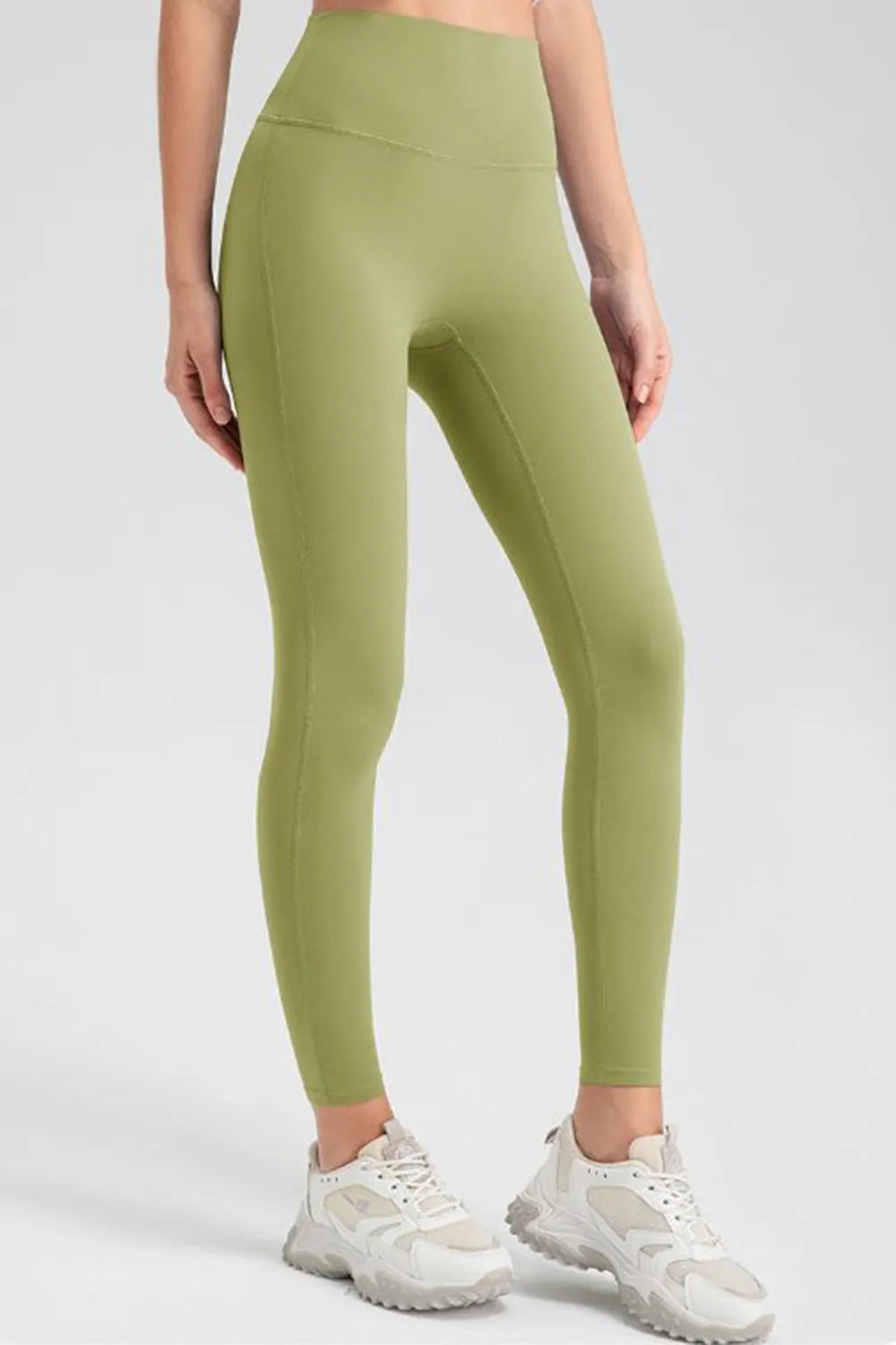 Light olive green high-waist skinny active pants, front view, ankle length