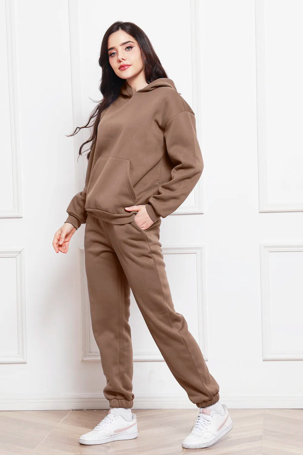 Mocha drop-shoulder long-sleeve hoodie and jogger pants set, side view
