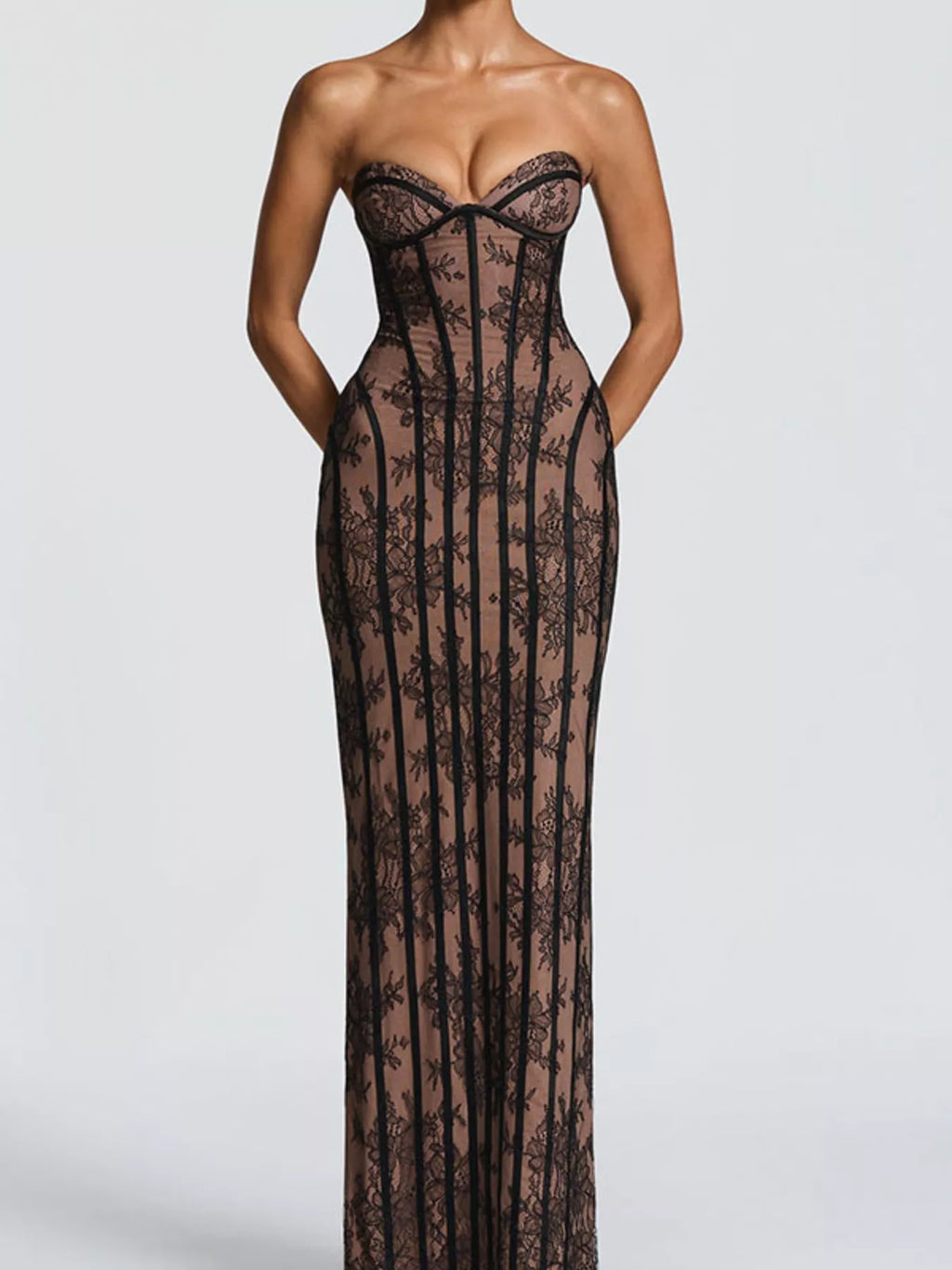 Strapless sheer lace maxi dress with sweetheart bodice and long fitted column shape