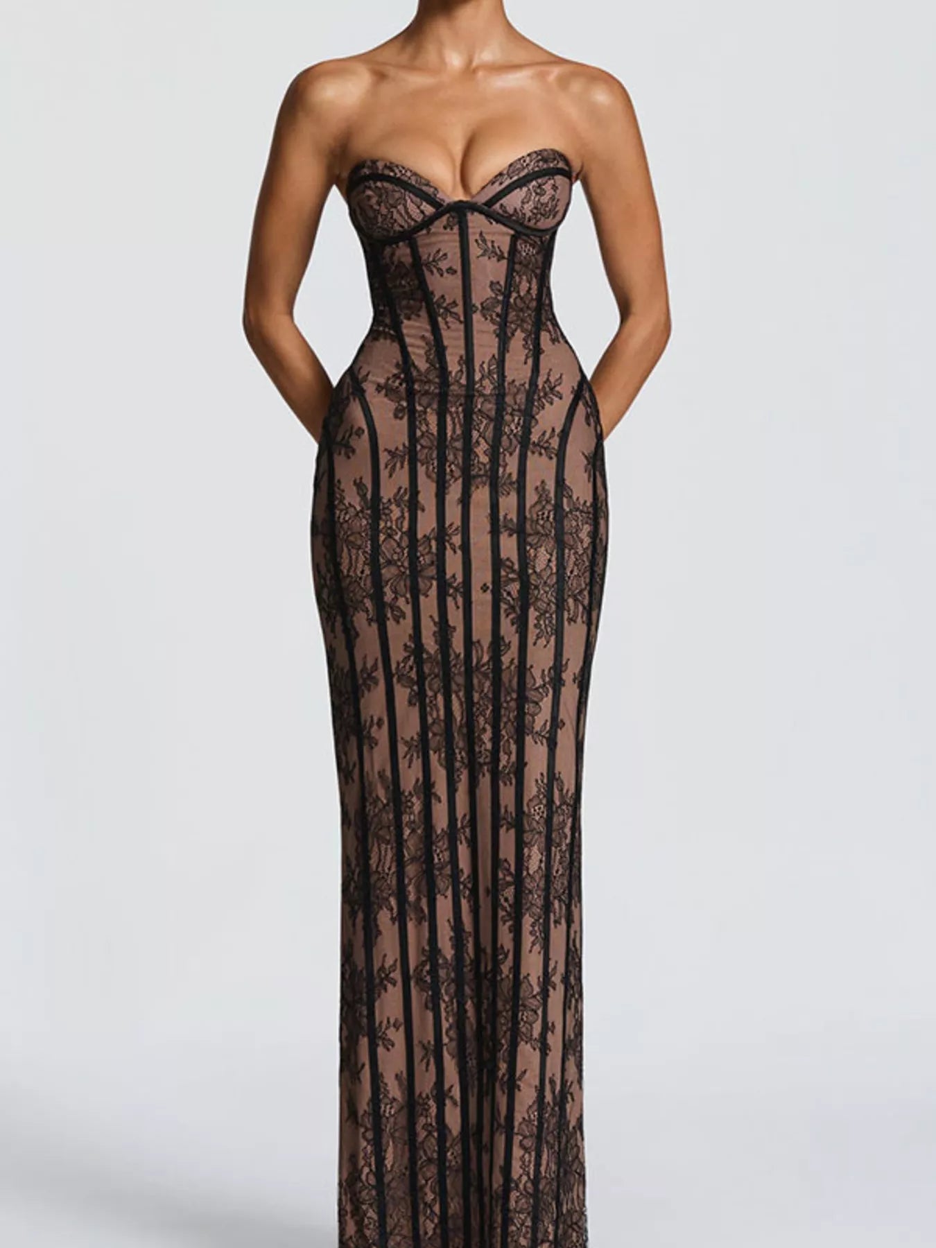 Strapless sheer lace maxi dress with sweetheart bodice and long fitted column shape