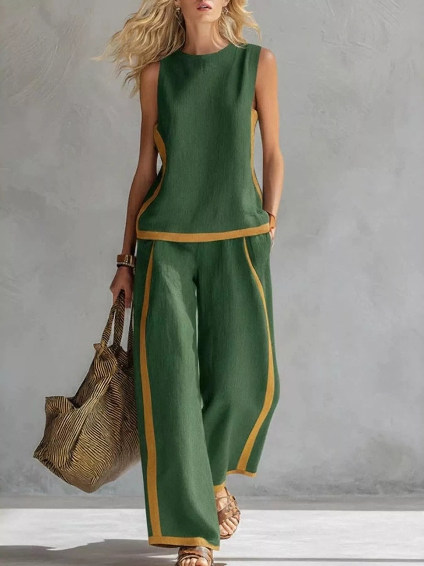 Plus size sleeveless top and wide-leg pants set, green with mustard contrast stripe