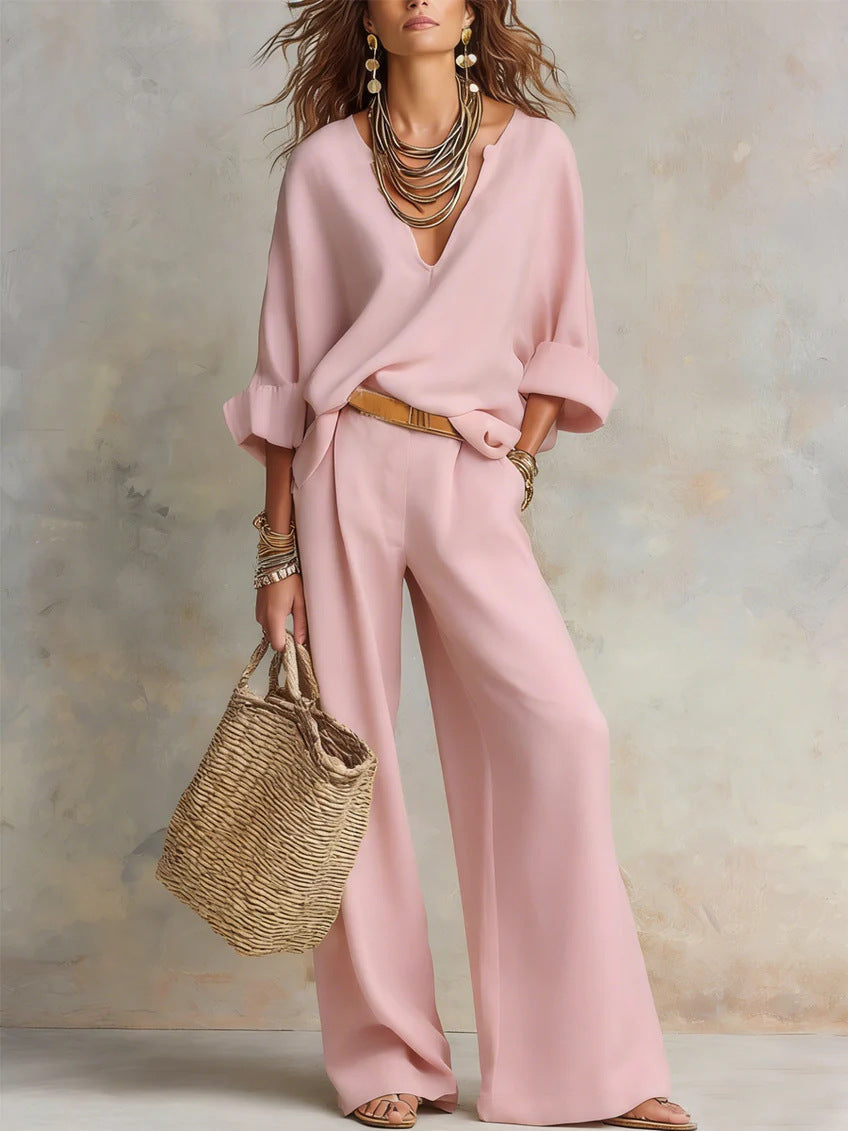 Casual Linen Vacation Set – Three-Quarter Sleeve Top & Full-Length Pants