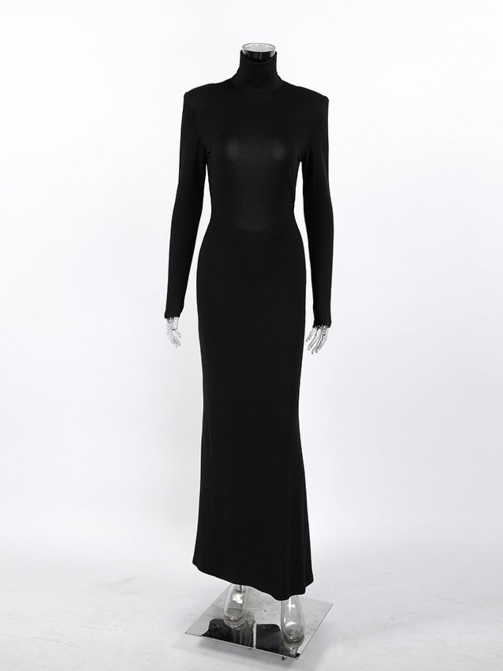 Black backless turtleneck long-sleeve bodycon maxi dress on mannequin