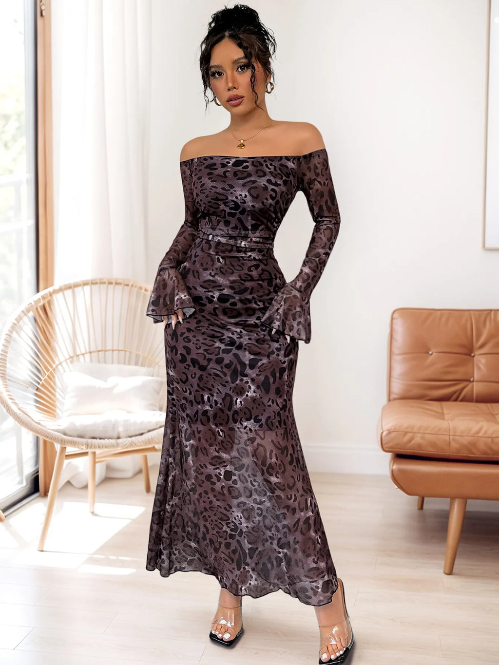 Purple leopard-print off-shoulder maxi dress with long sleeves and fitted waist