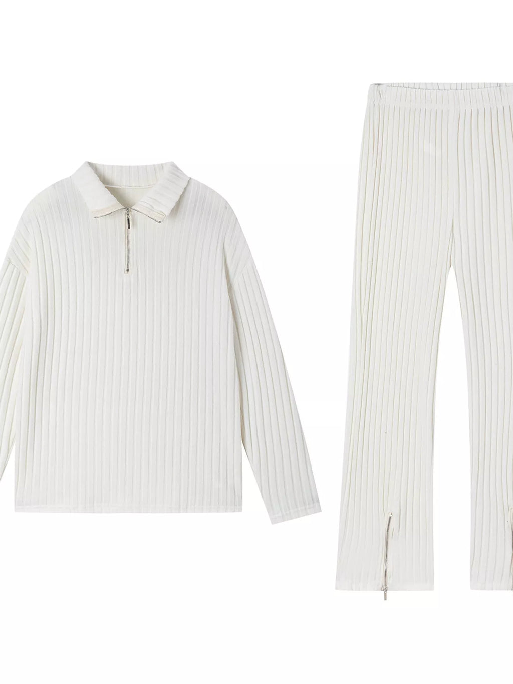 White ribbed knit half-zip top and wide-leg pants set, flat lay